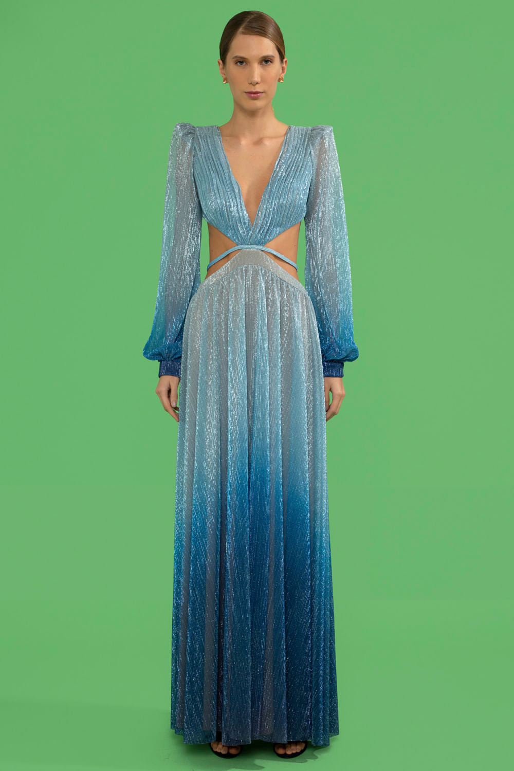 VESTIDO LONGO RECORTES LUREX TWIGGY AZUL