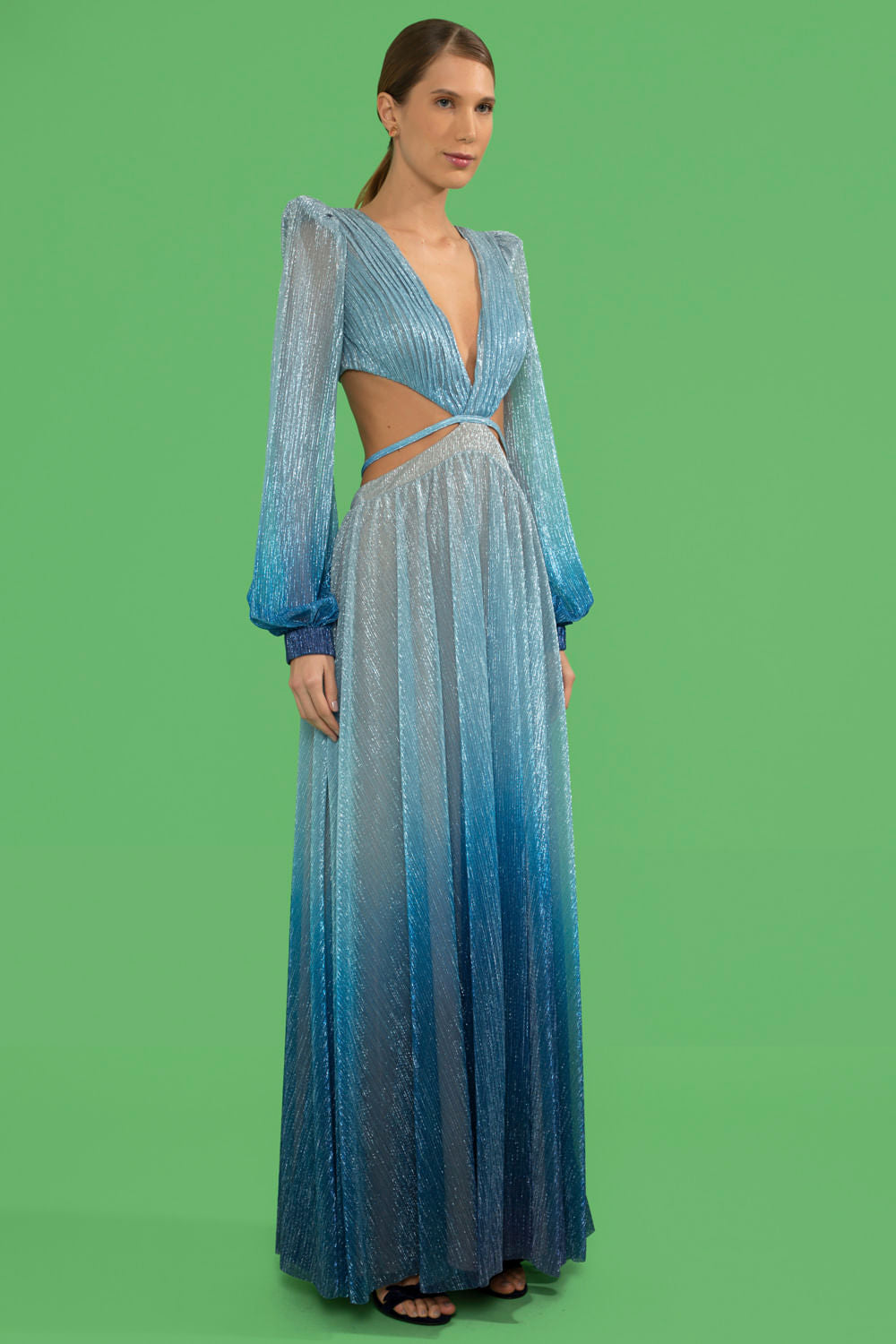 VESTIDO LONGO RECORTES LUREX TWIGGY AZUL