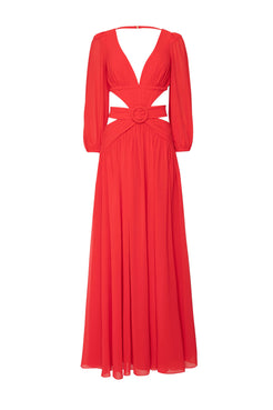 VESTIDO LONGO RECORTES ARGOLA CHIFFON ÍRIS VERMELHO