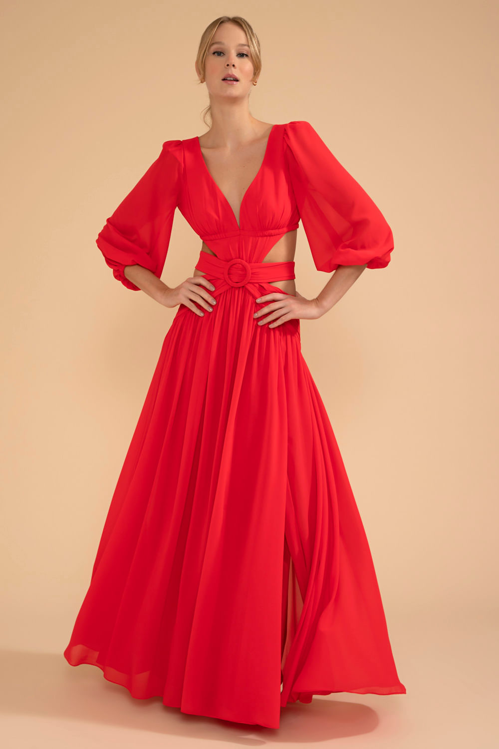 VESTIDO LONGO RECORTES ARGOLA CHIFFON ÍRIS VERMELHO