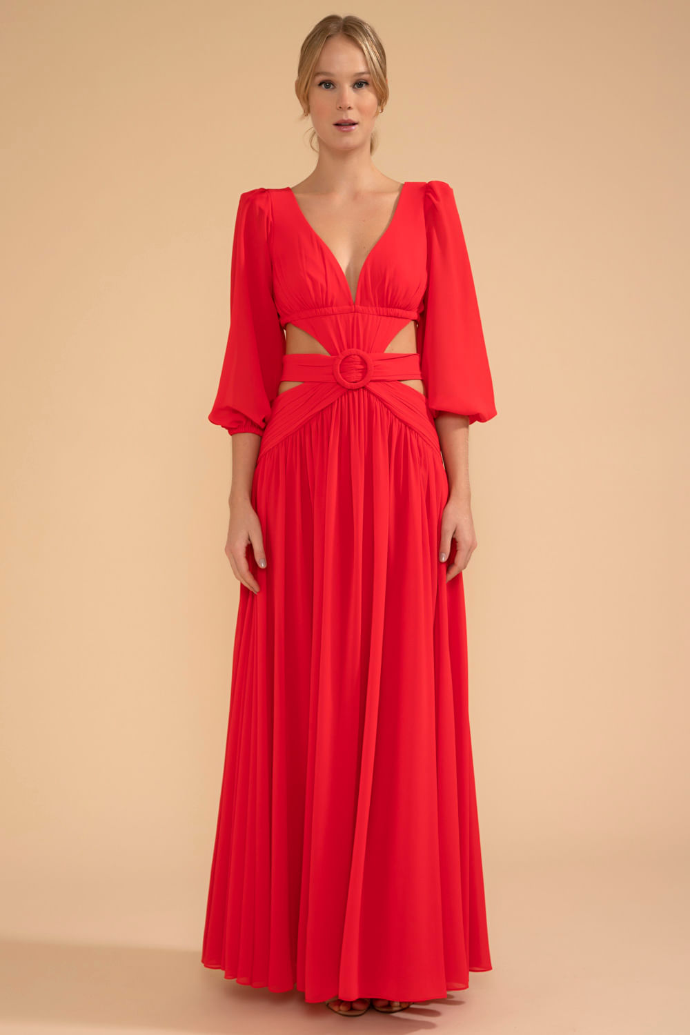 VESTIDO LONGO RECORTES ARGOLA CHIFFON ÍRIS VERMELHO