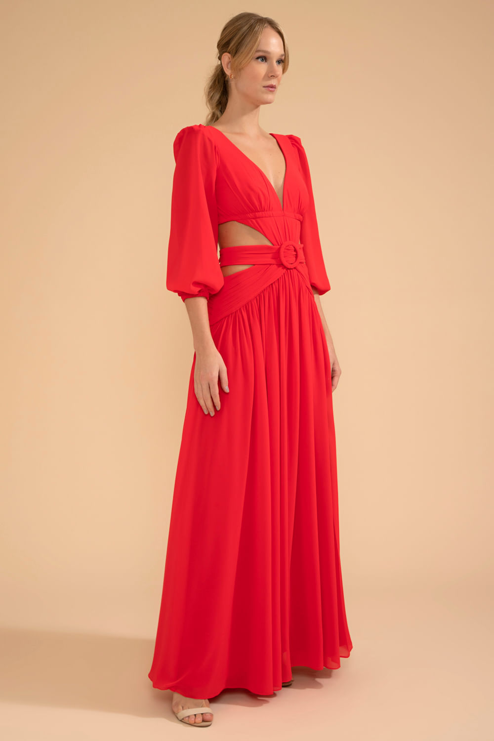 VESTIDO LONGO RECORTES ARGOLA CHIFFON ÍRIS VERMELHO