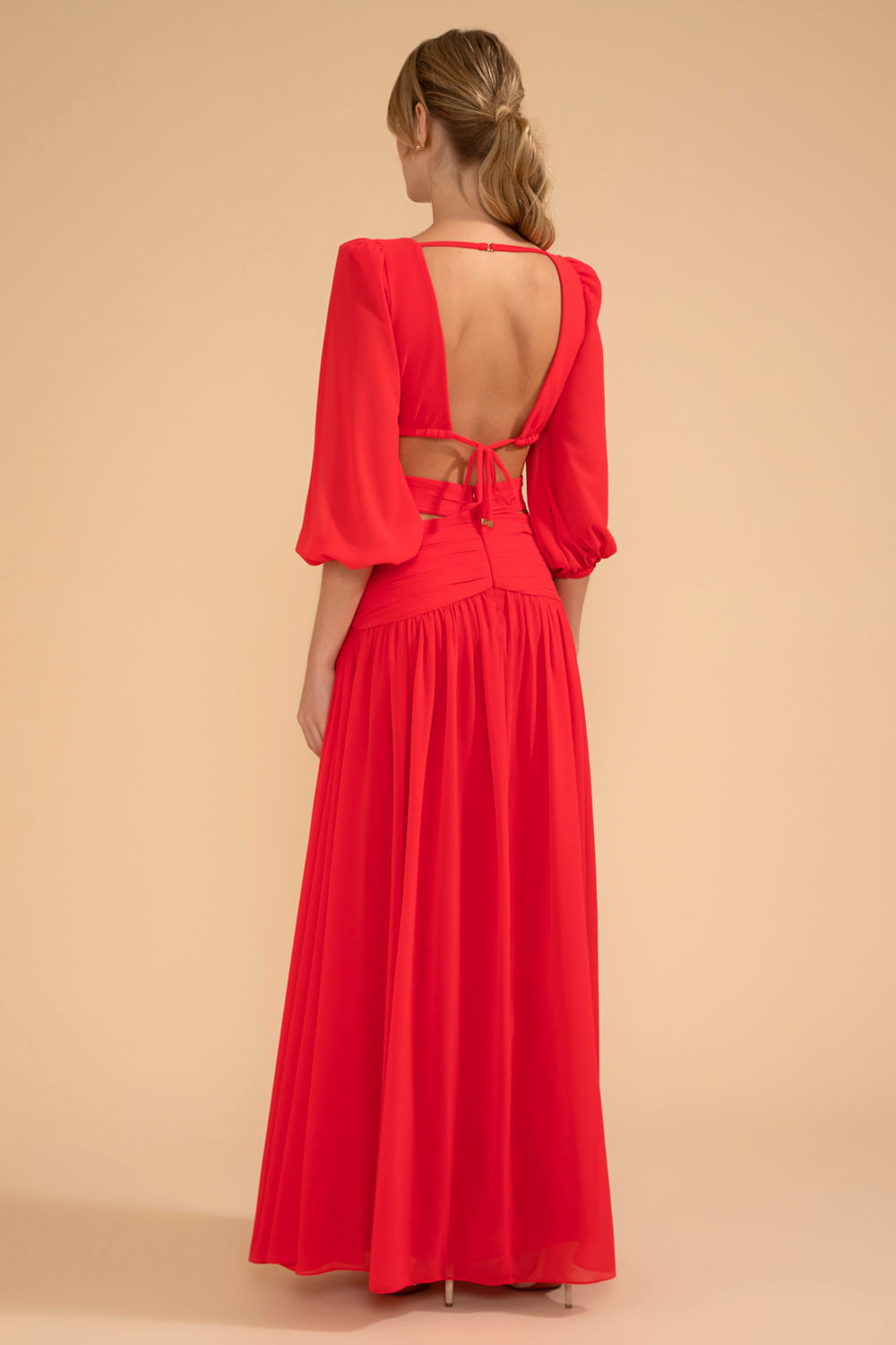 VESTIDO LONGO RECORTES ARGOLA CHIFFON ÍRIS VERMELHO