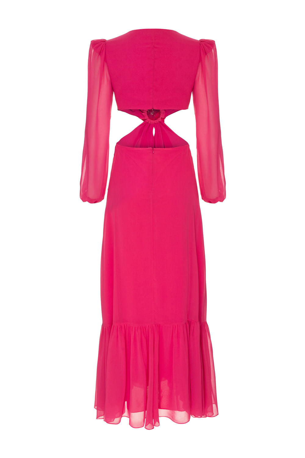 VESTIDO LONGO RECORTES FLOR CHIFFON ÍRIS PINK