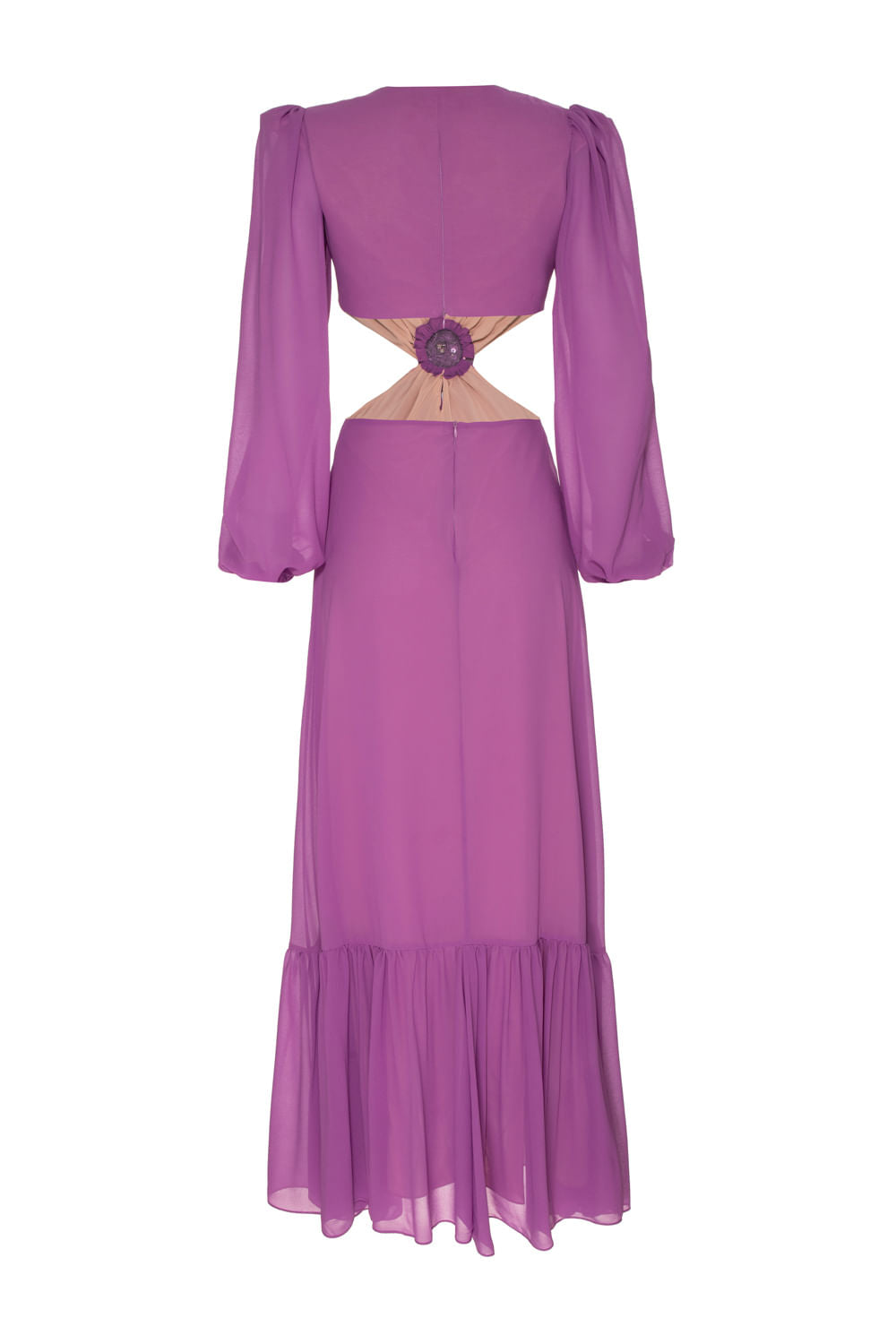 VESTIDO LONGO RECORTES FLOR CHIFFON ÍRIS LILAS