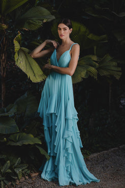 VESTIDO LONGO SAIA ASSIMÉTRICA CHIFFON ÍRIS AZUL