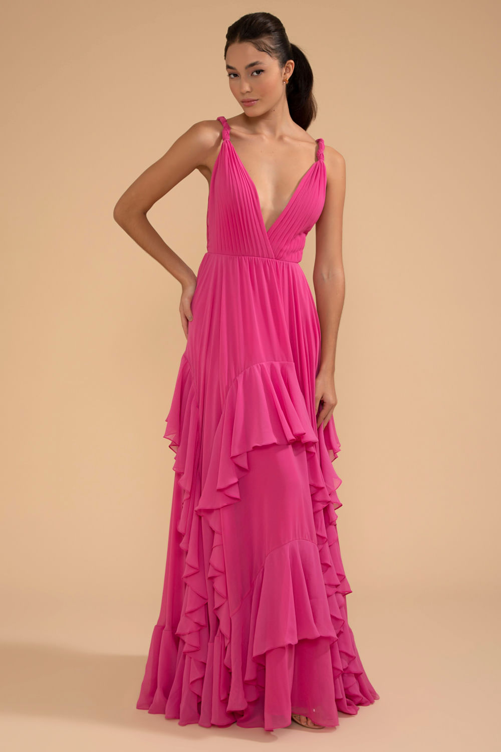 VESTIDO LONGO SAIA ASSIMÉTRICA CHIFFON ÍRIS PINK