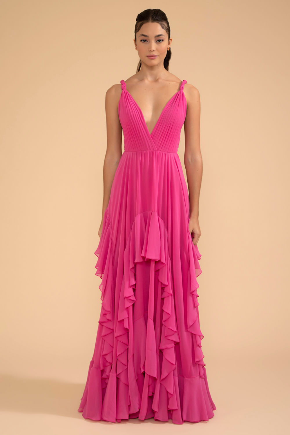 VESTIDO LONGO SAIA ASSIMÉTRICA CHIFFON ÍRIS PINK
