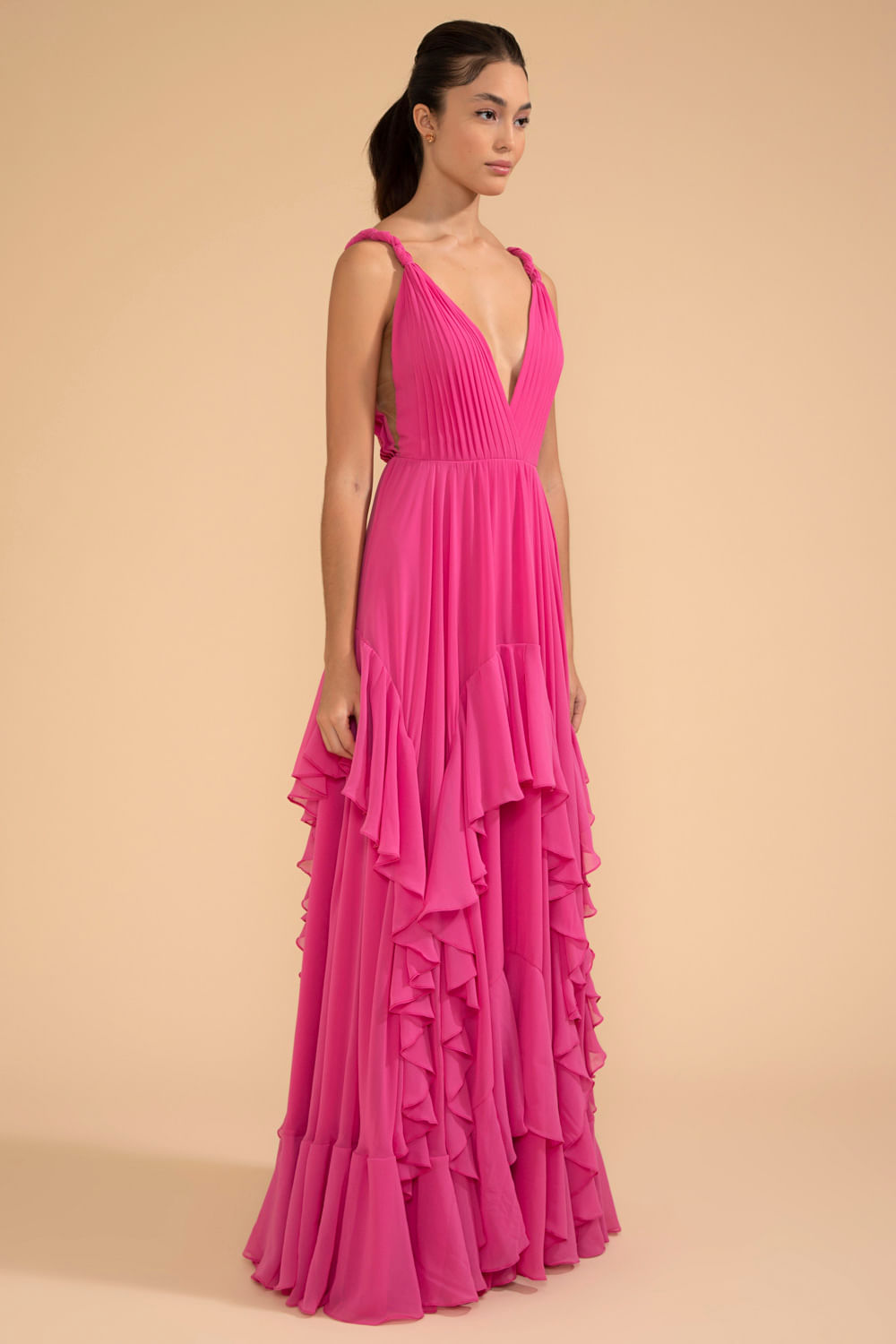 VESTIDO LONGO SAIA ASSIMÉTRICA CHIFFON ÍRIS PINK