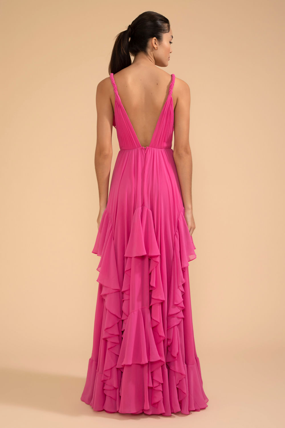 VESTIDO LONGO SAIA ASSIMÉTRICA CHIFFON ÍRIS PINK