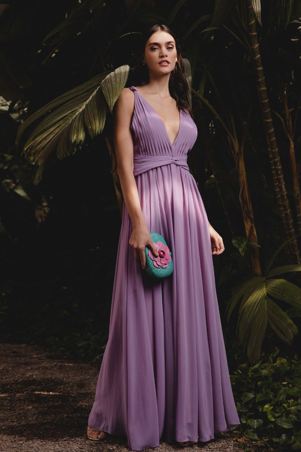 VESTIDO LONGO DECOTE DRAPEADO CHIFFON ÍRIS LILAS