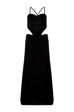 VESTIDO LONGO RECORTES VELUDO CRYSTAL PRETO