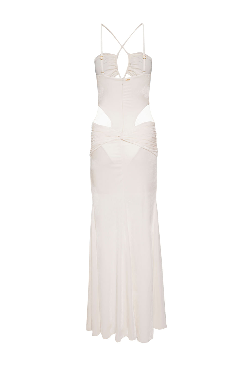 VESTIDO LONGO RECORTES VELUDO CRYSTAL OFF WHITE
