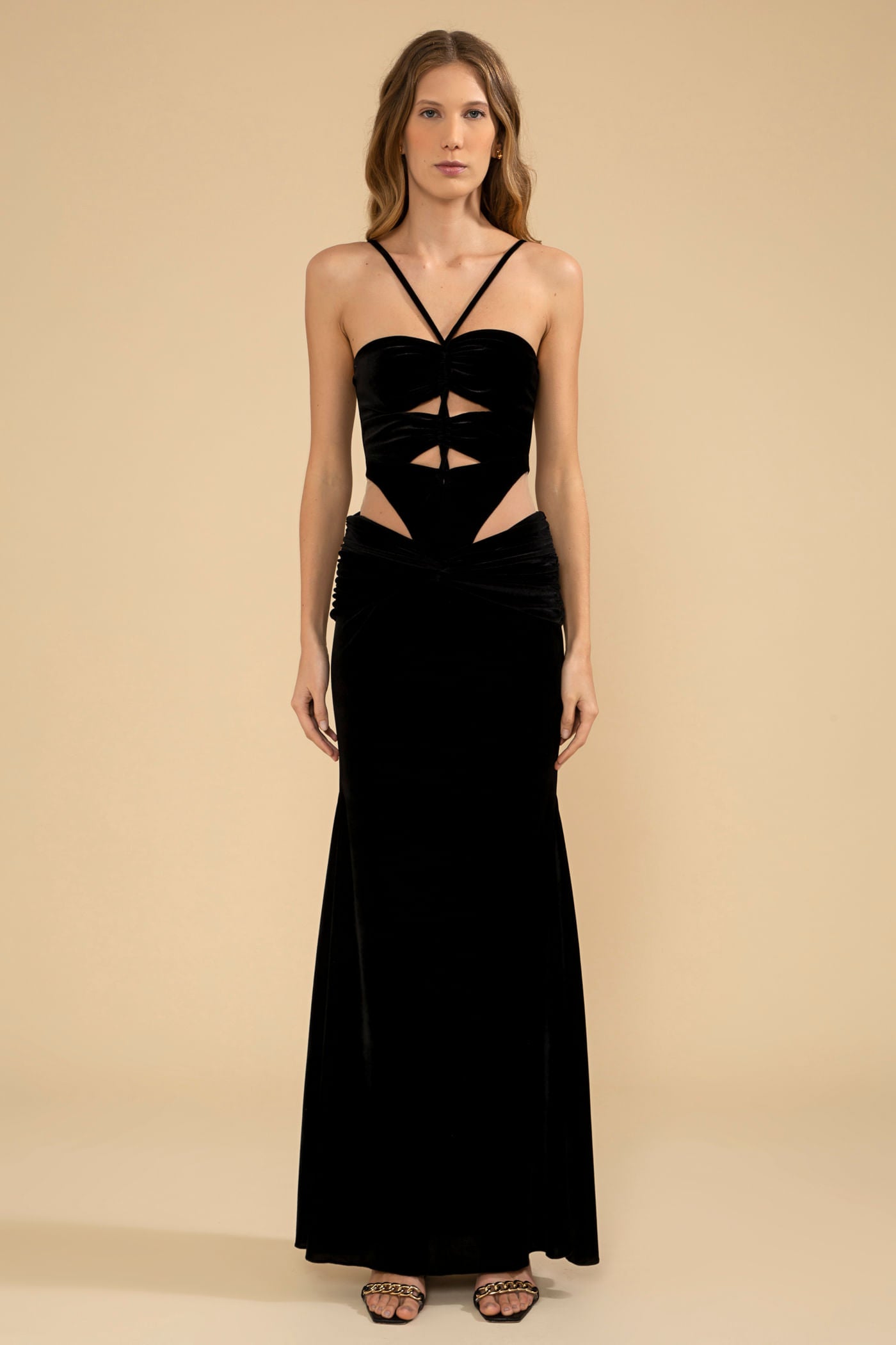 VESTIDO LONGO RECORTES VELUDO CRYSTAL PRETO