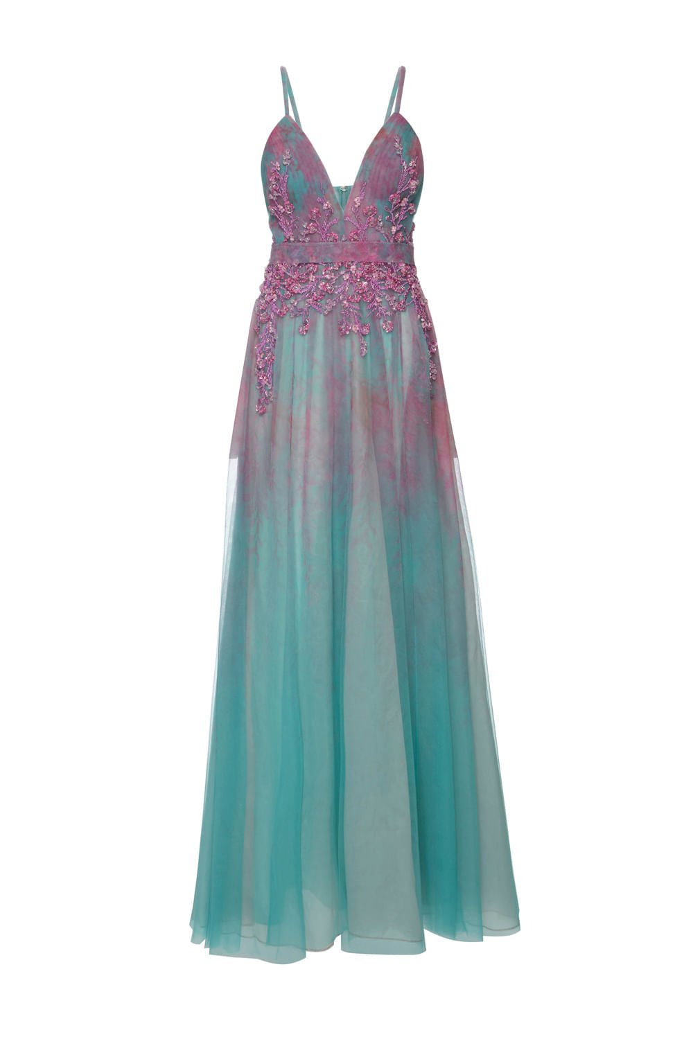 VESTIDO LONGO BORDADO PREGAS COTTON CANDY AZUL