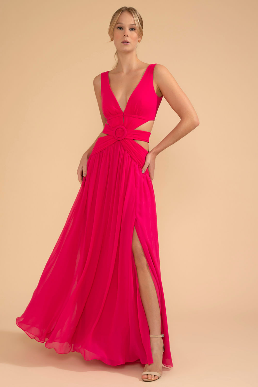 VESTIDO LONGO RECORTES SEM MANGA CHIFFON ÍRIS PINK