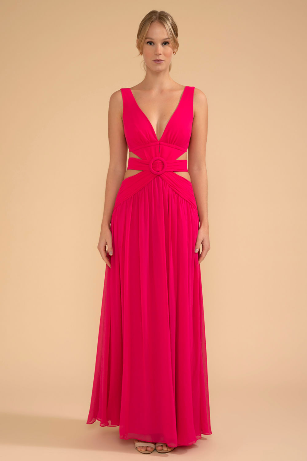 VESTIDO LONGO RECORTES SEM MANGA CHIFFON ÍRIS PINK