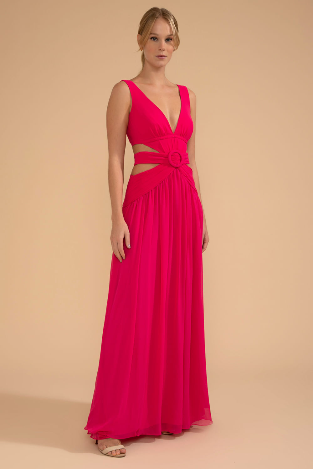 VESTIDO LONGO RECORTES SEM MANGA CHIFFON ÍRIS PINK