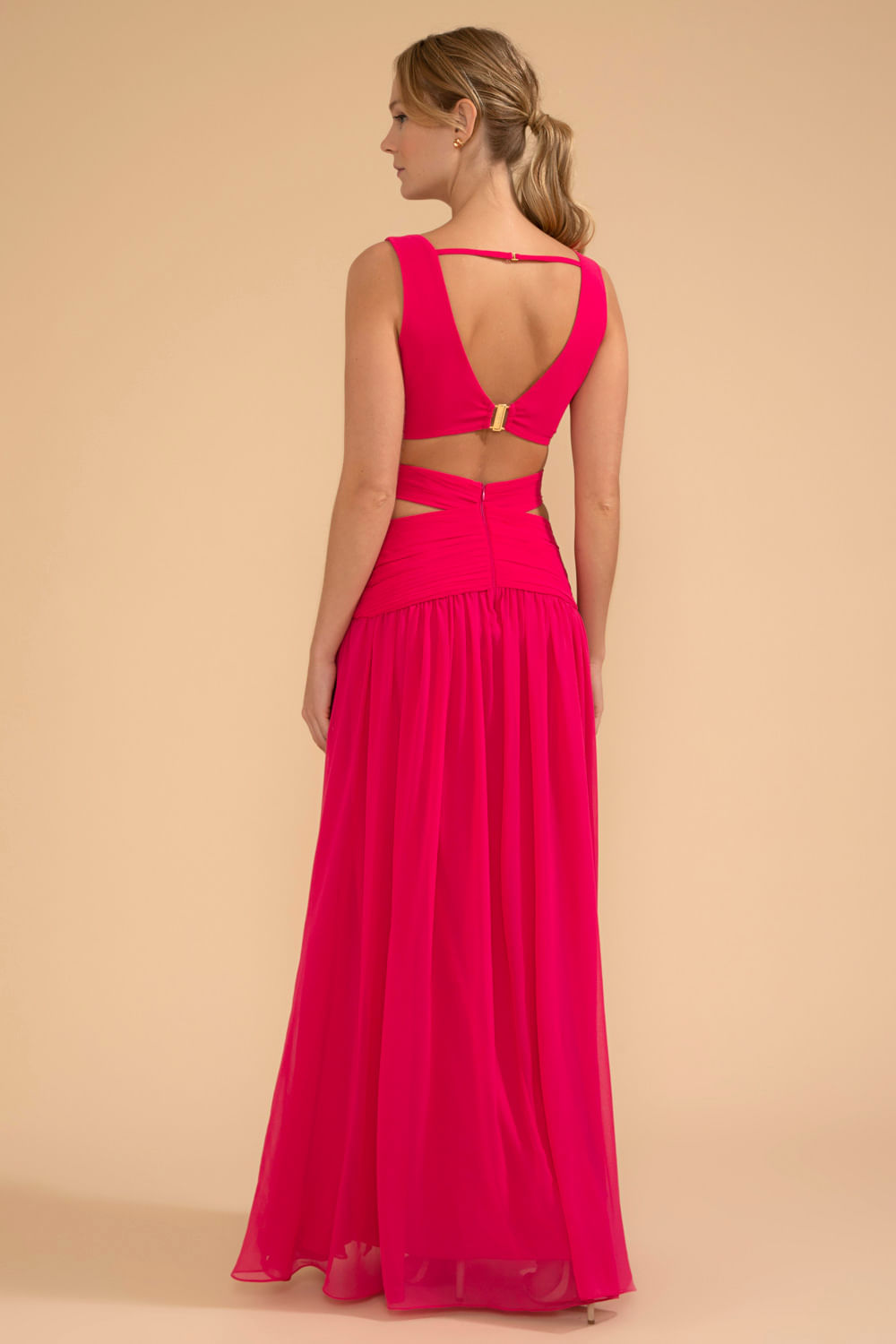 VESTIDO LONGO RECORTES SEM MANGA CHIFFON ÍRIS PINK