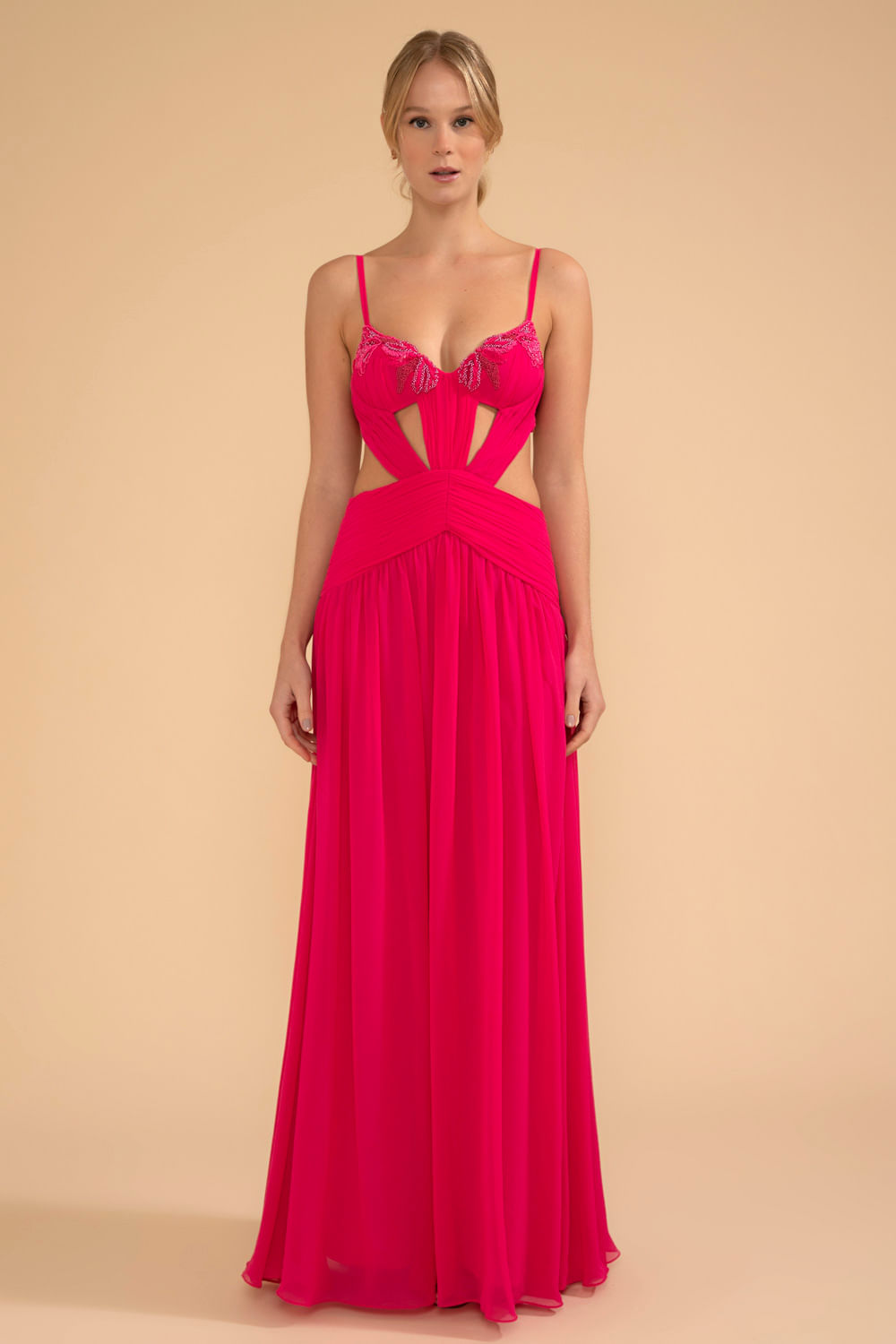 VESTIDO LONGO BUSTO BORDADO CHIFFON ÍRIS PINK