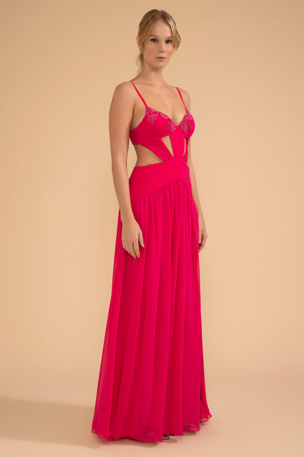 VESTIDO LONGO BUSTO BORDADO CHIFFON ÍRIS PINK