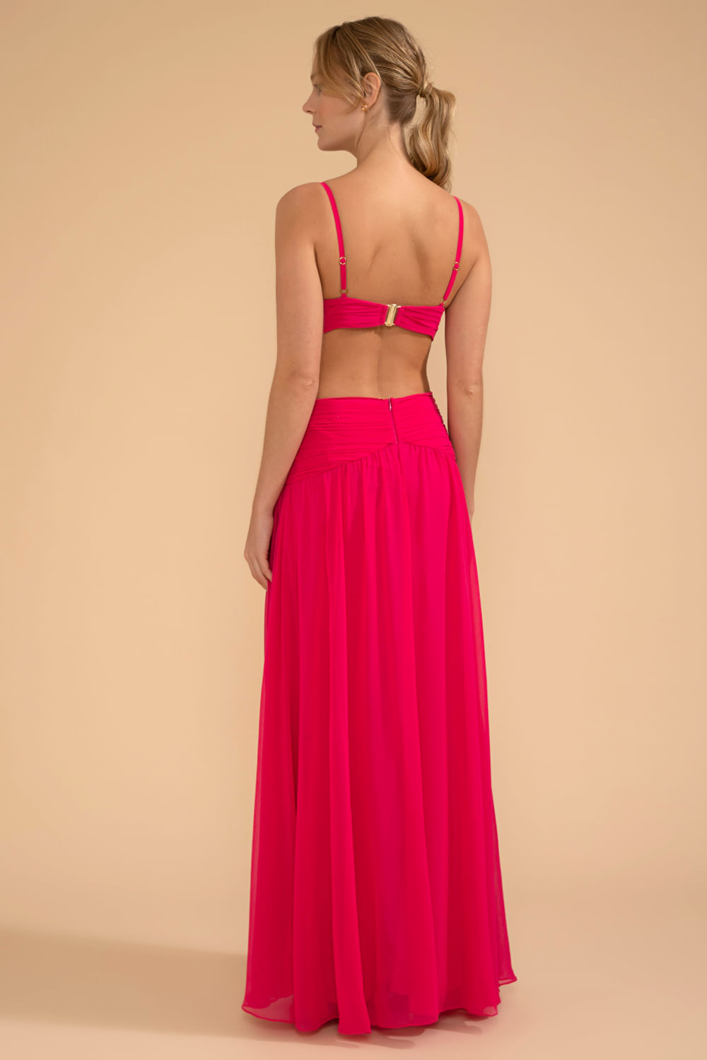 VESTIDO LONGO BUSTO BORDADO CHIFFON ÍRIS PINK
