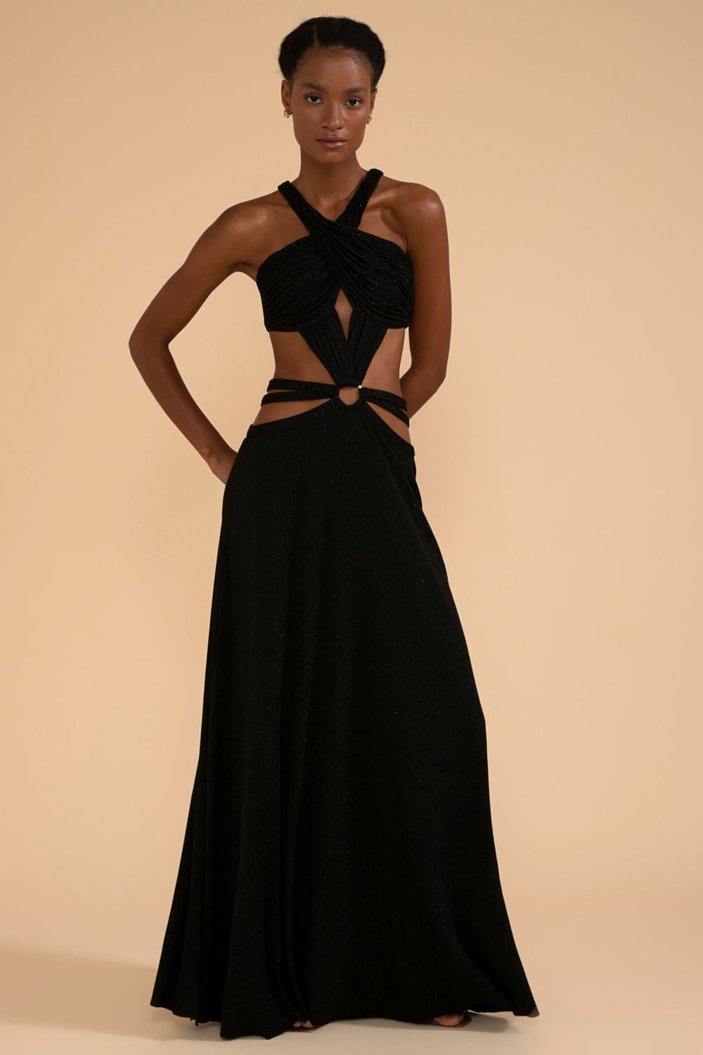 VESTIDO LONGO DECOTE CRUZADO LUREX CAMDEN PRETO