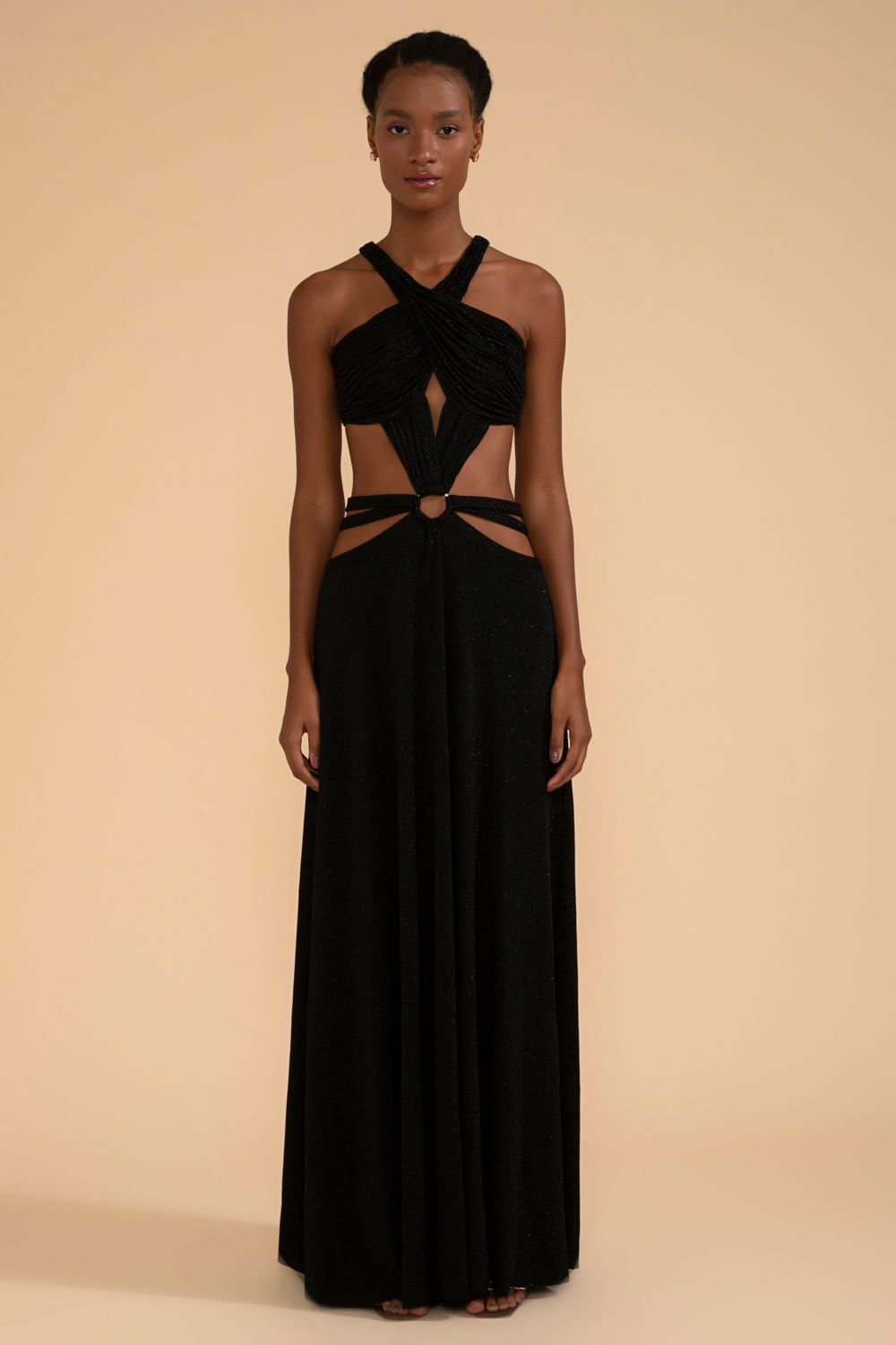 VESTIDO LONGO DECOTE CRUZADO LUREX CAMDEN PRETO