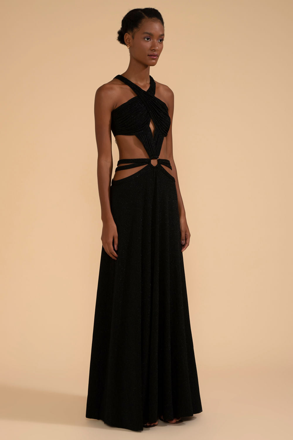 VESTIDO LONGO DECOTE CRUZADO LUREX CAMDEN PRETO