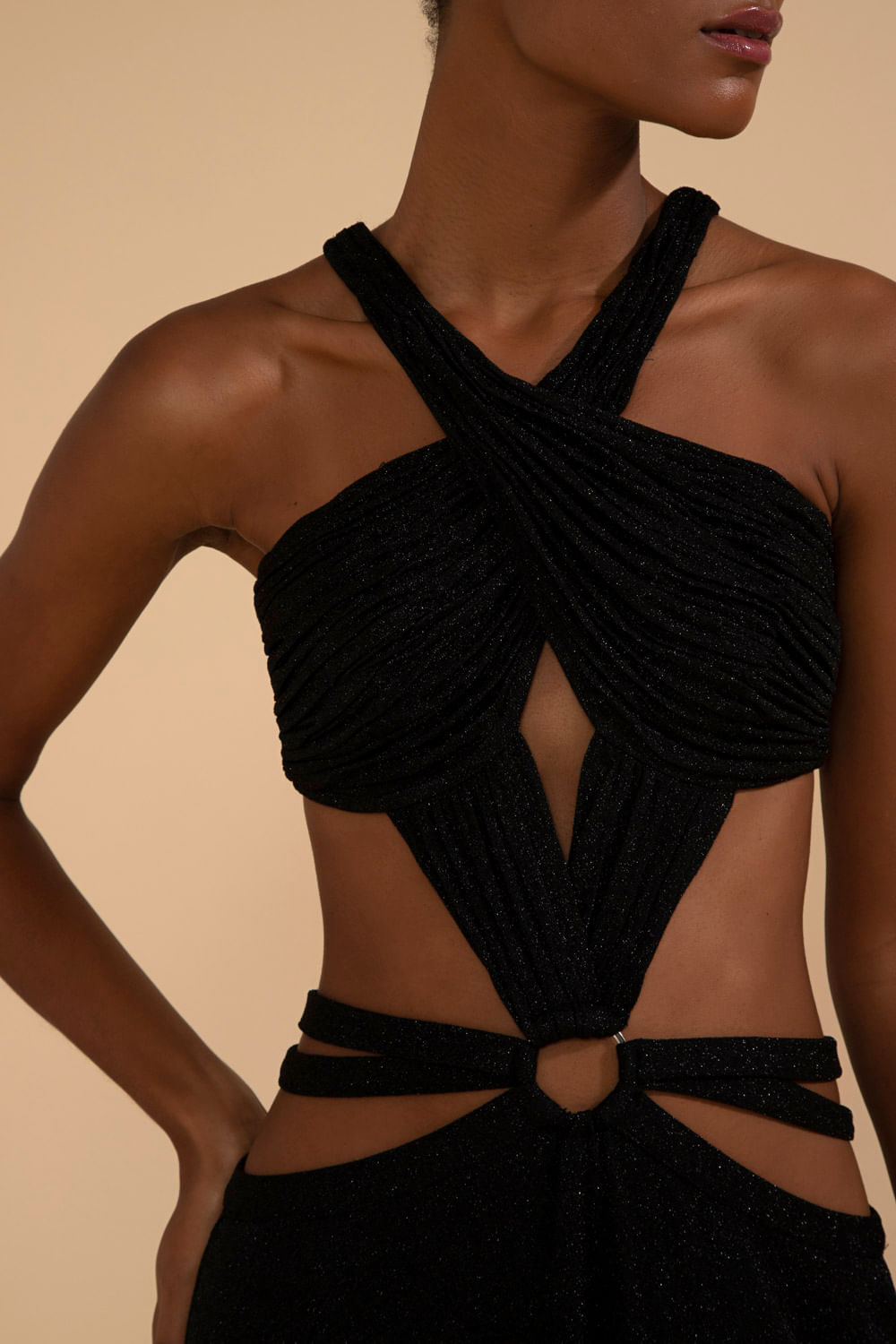 VESTIDO LONGO DECOTE CRUZADO LUREX CAMDEN PRETO