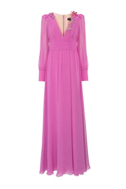 Vestido longo decote pregas bordado chiffon íris lilas