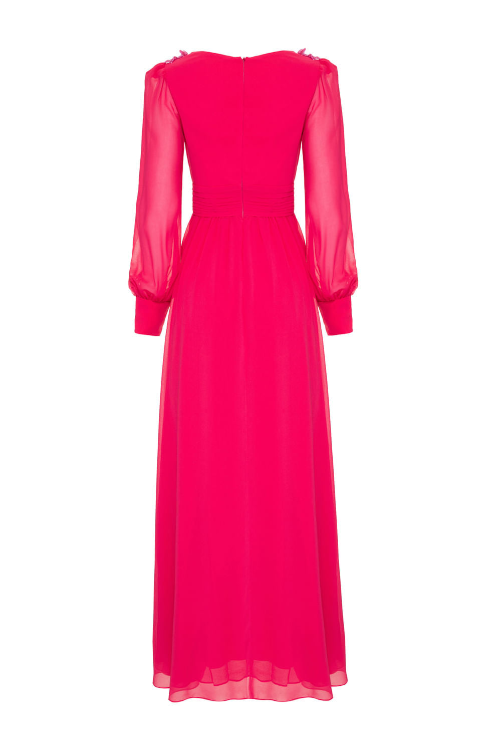 Vestido longo decote pregas bordado chiffon íris pink