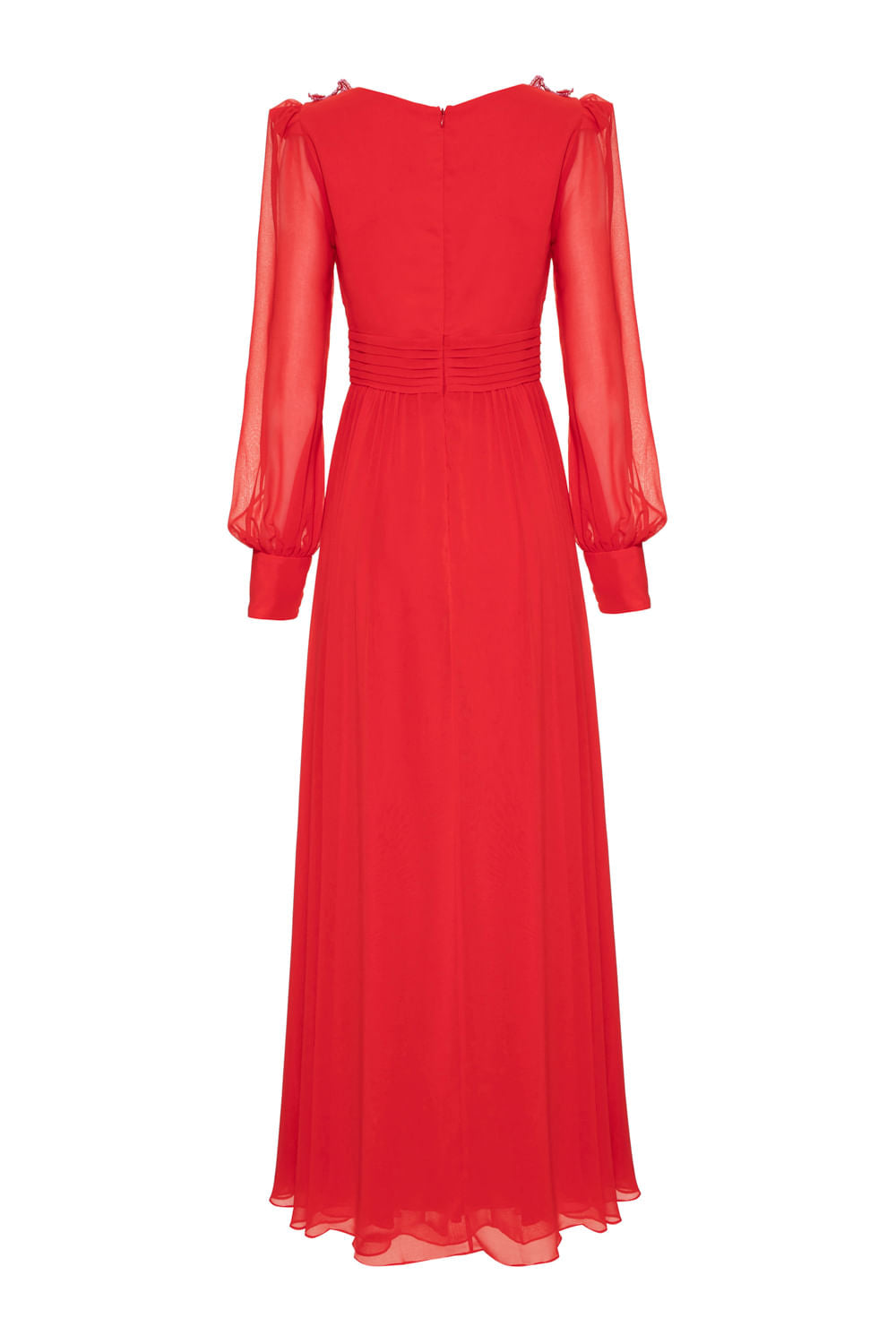 VESTIDO LONGO DECOTE PREGAS BORDADO CHIFFON ÍRIS VERMELHO