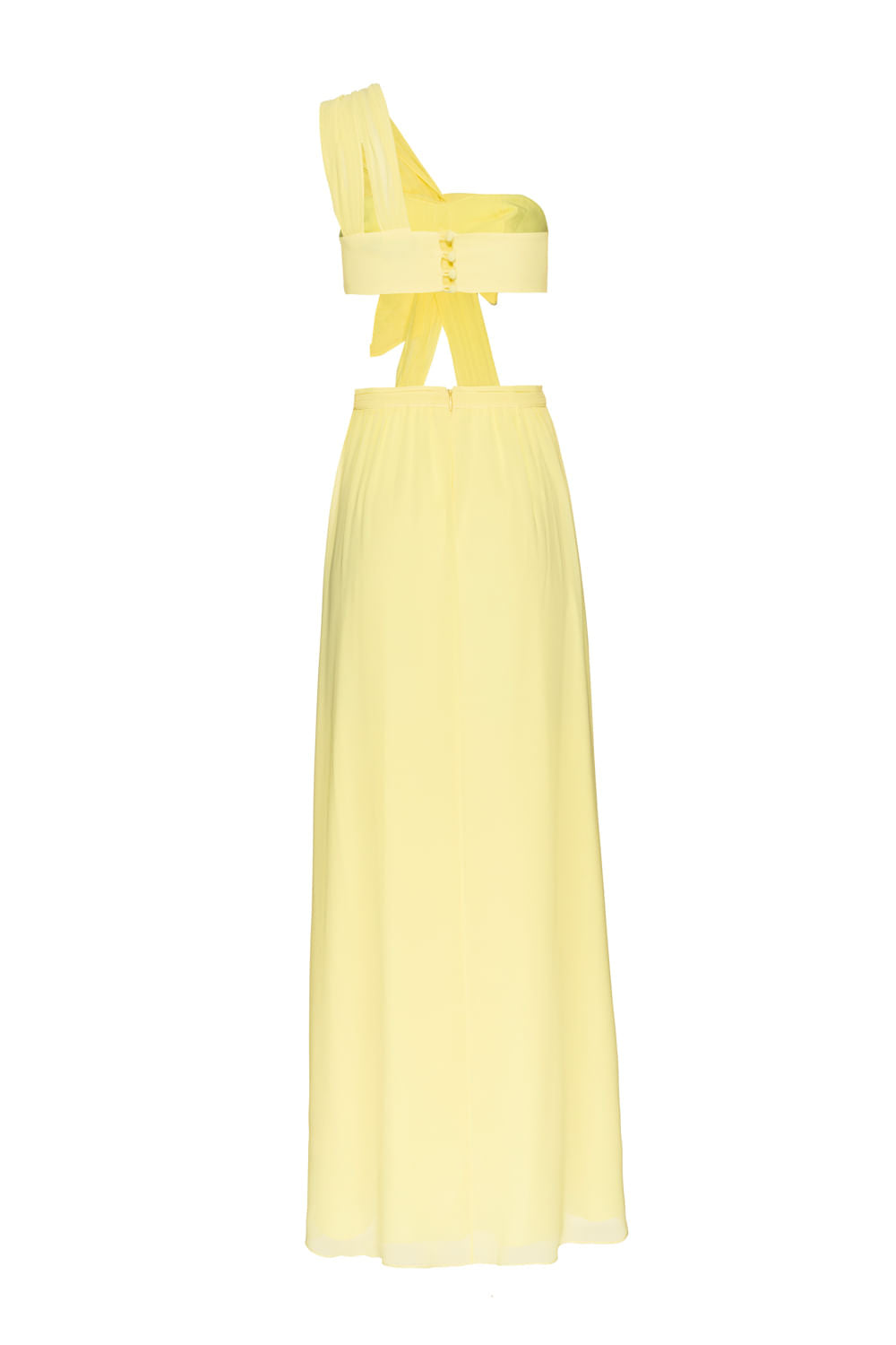 VESTIDO LONGO OMBRO ÚNICO FLOR CHIFFON ÍRIS AMARELO