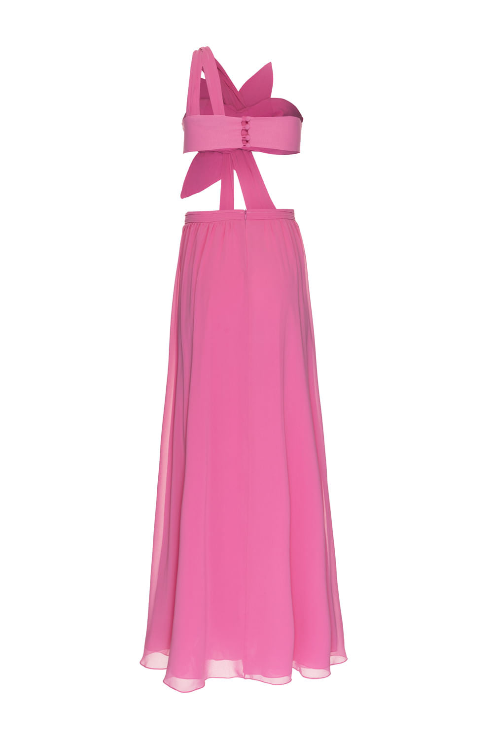 VESTIDO LONGO OMBRO ÚNICO FLOR CHIFFON ÍRIS ROSA