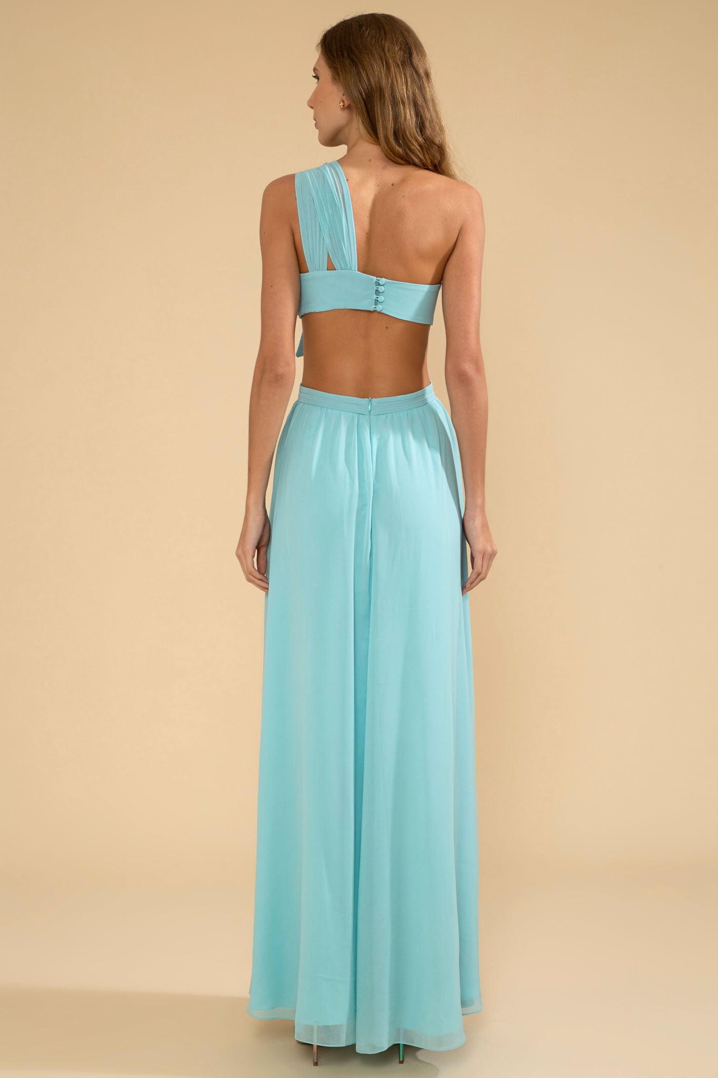 VESTIDO LONGO OMBRO ÚNICO FLOR CHIFFON ÍRIS AZUL