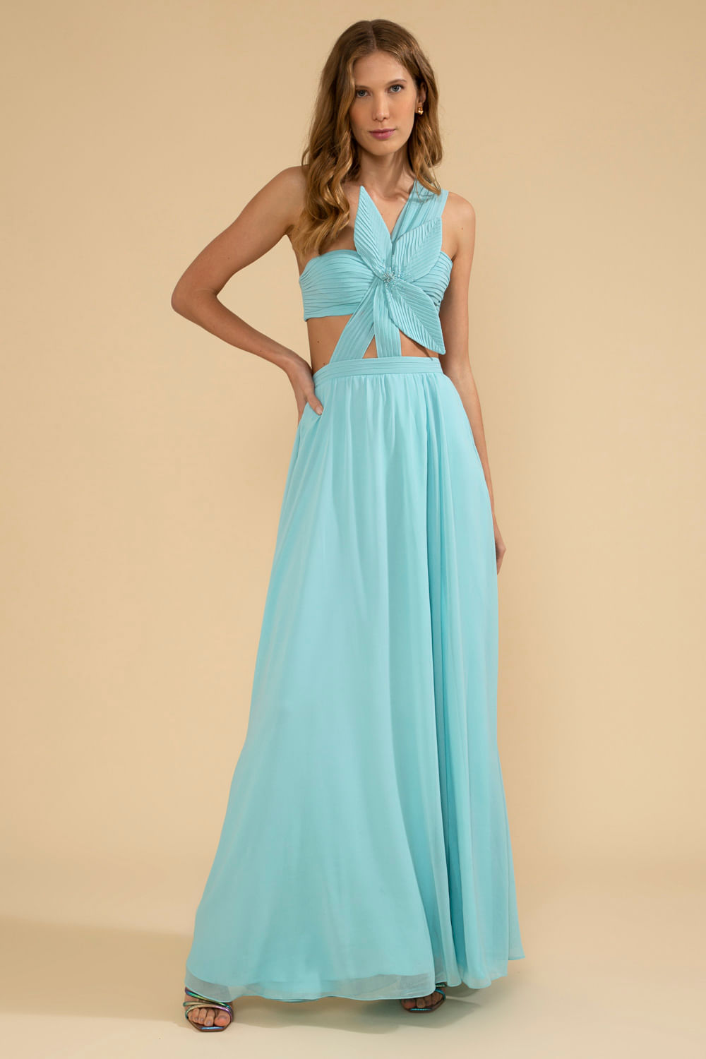 VESTIDO LONGO OMBRO ÚNICO FLOR CHIFFON ÍRIS AZUL