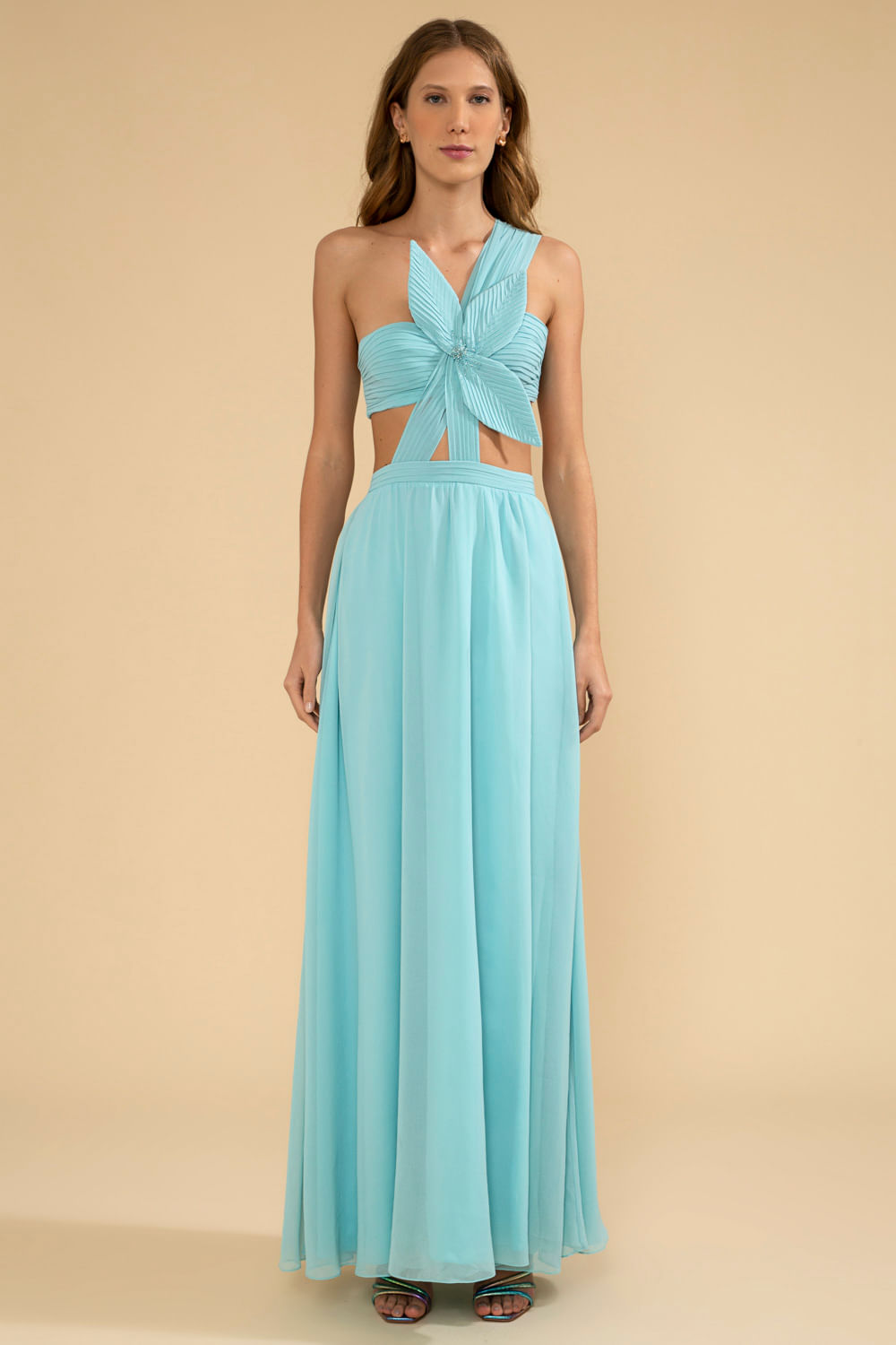 VESTIDO LONGO OMBRO ÚNICO FLOR CHIFFON ÍRIS AZUL
