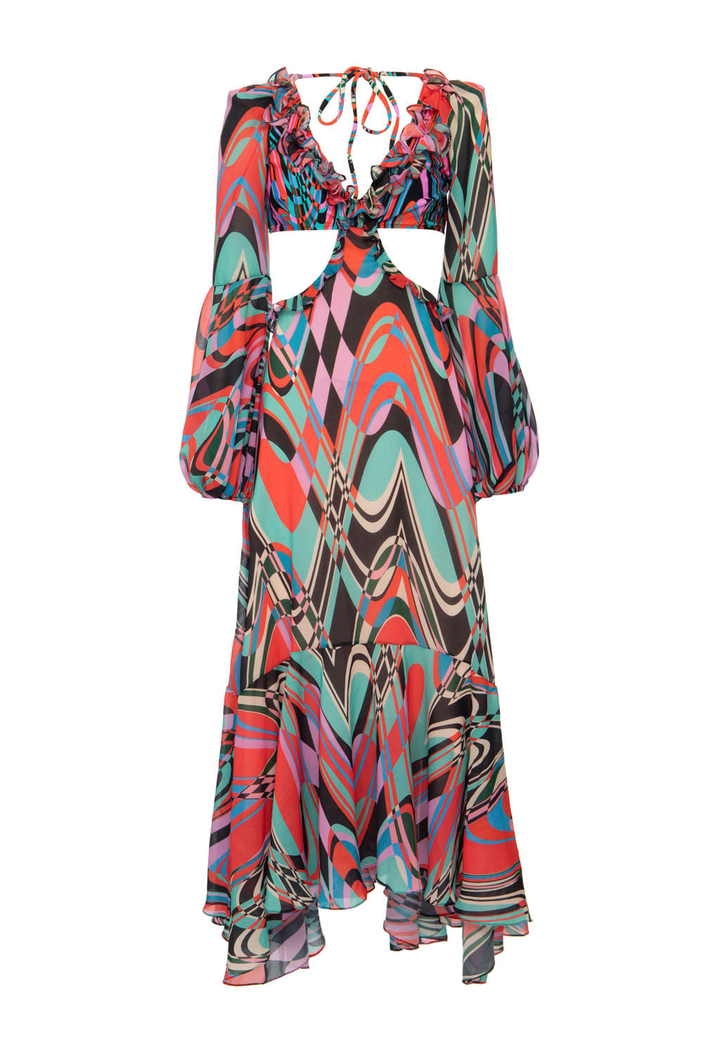 VESTIDO LONGO RECORTE PSICODELIA VERMELHO