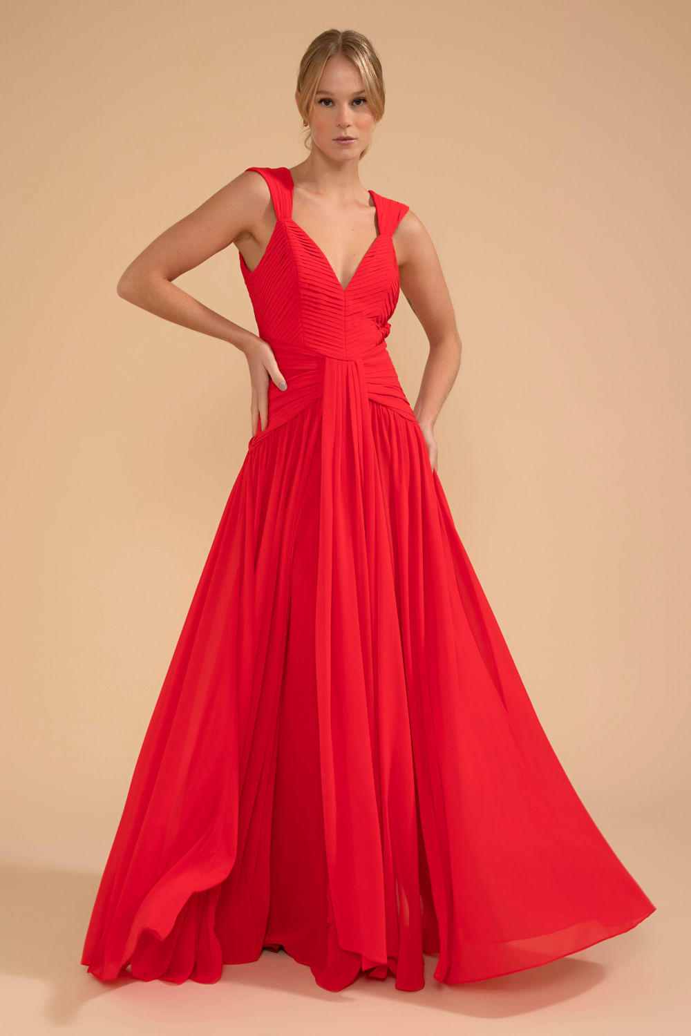 VESTIDO LONGO PALA PREGAS CHIFFON ÍRIS VERMELHO