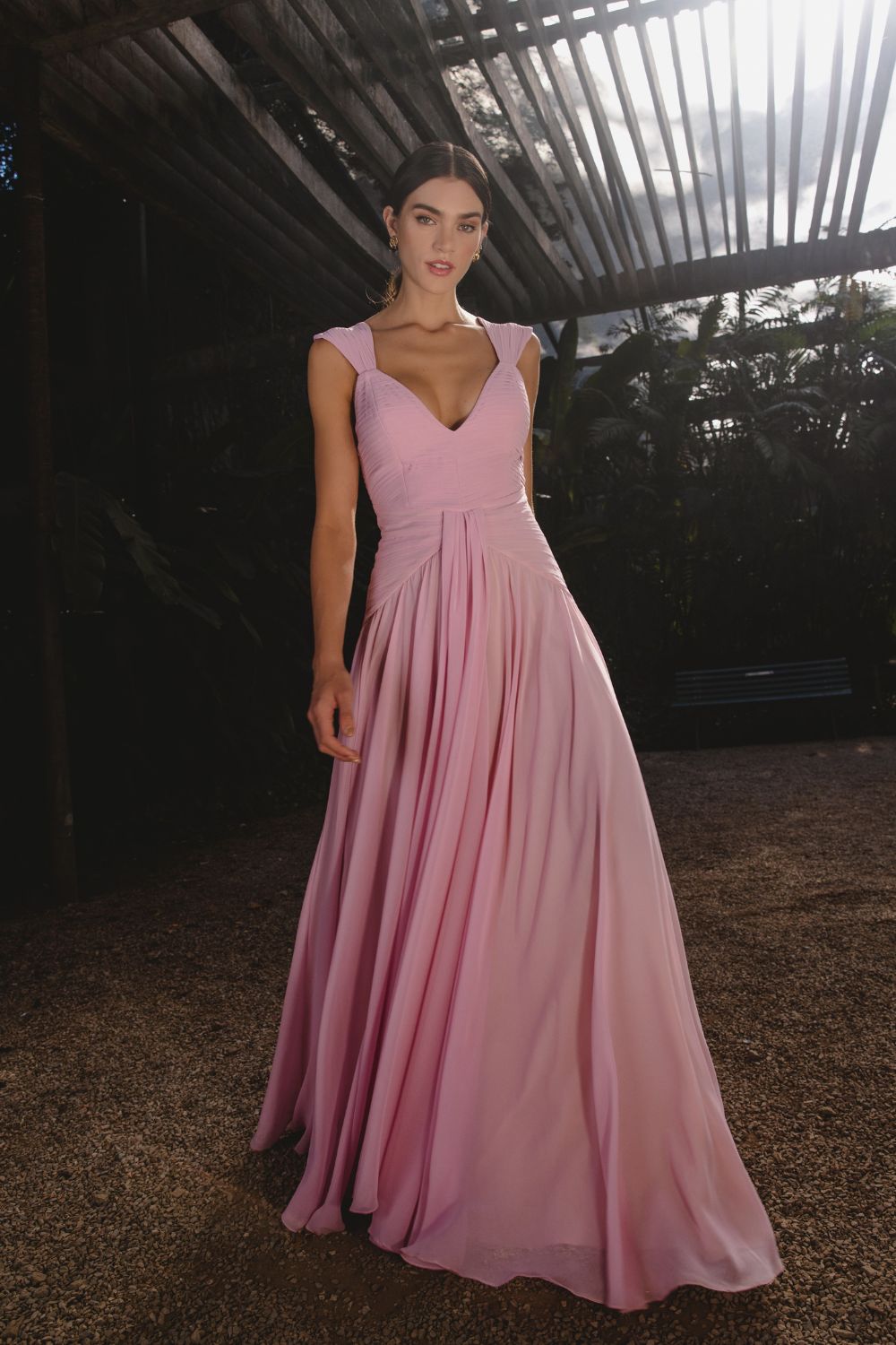 VESTIDO LONGO PALA PREGAS CHIFFON ÍRIS ROSA