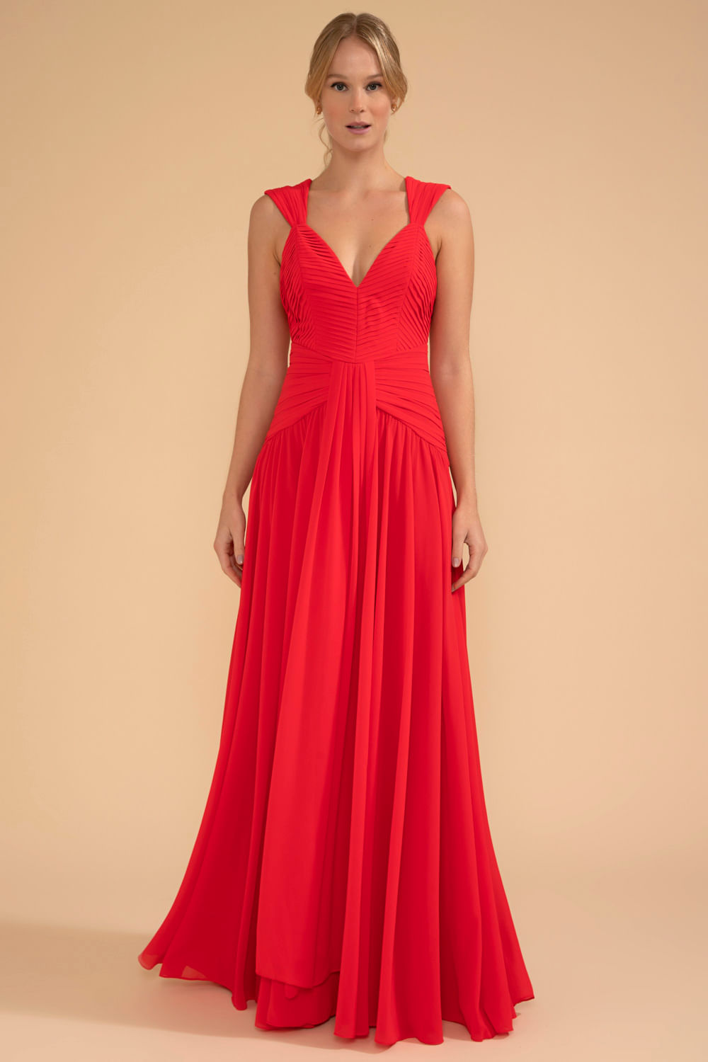 VESTIDO LONGO PALA PREGAS CHIFFON ÍRIS VERMELHO