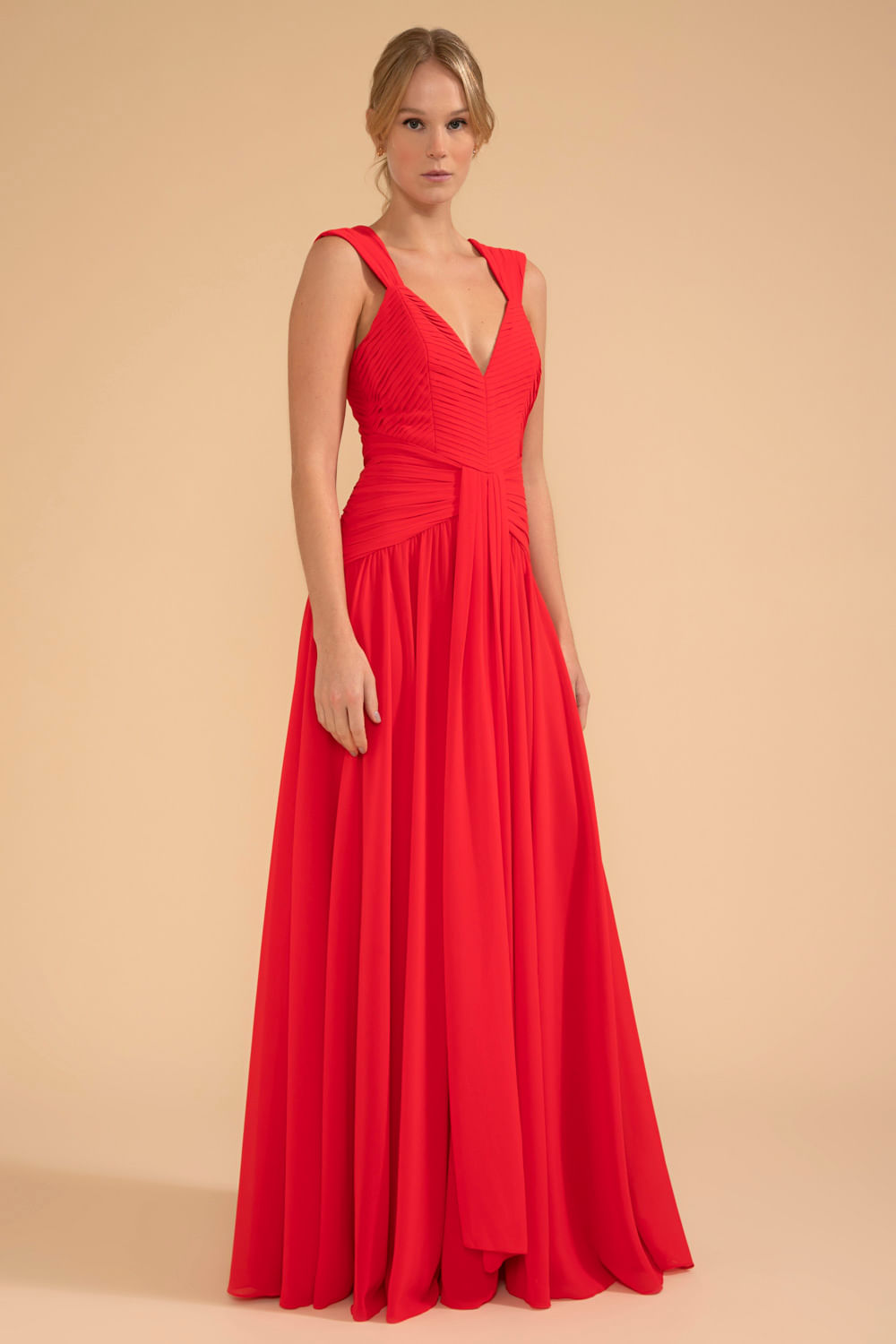 VESTIDO LONGO PALA PREGAS CHIFFON ÍRIS VERMELHO