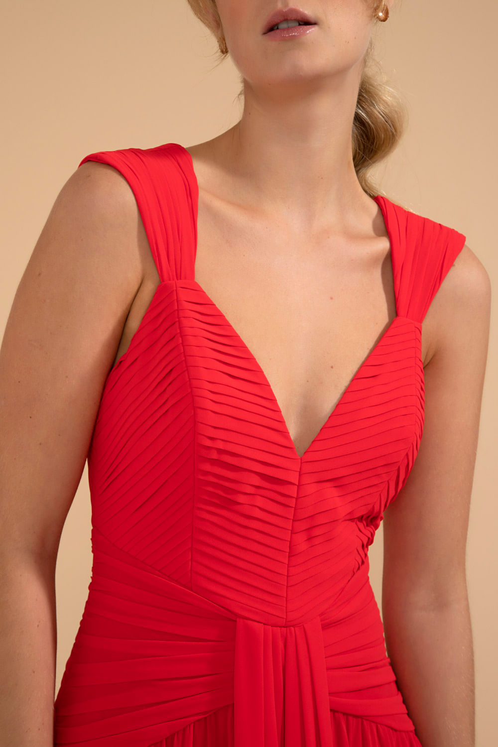 VESTIDO LONGO PALA PREGAS CHIFFON ÍRIS VERMELHO