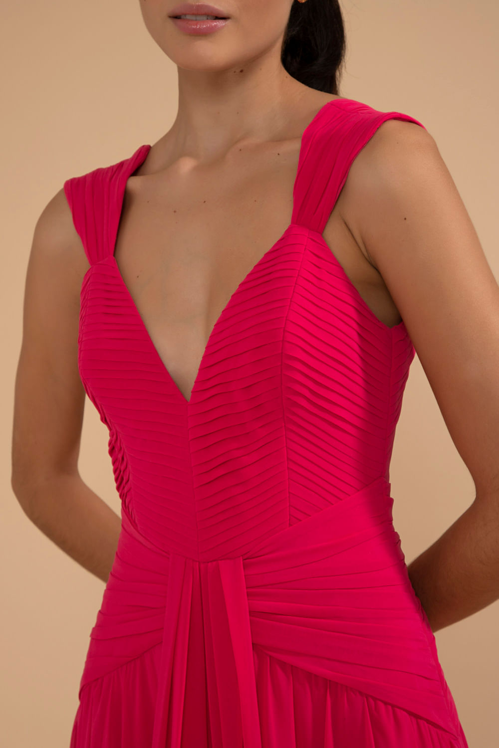 VESTIDO LONGO PALA PREGAS CHIFFON ÍRIS ROSA