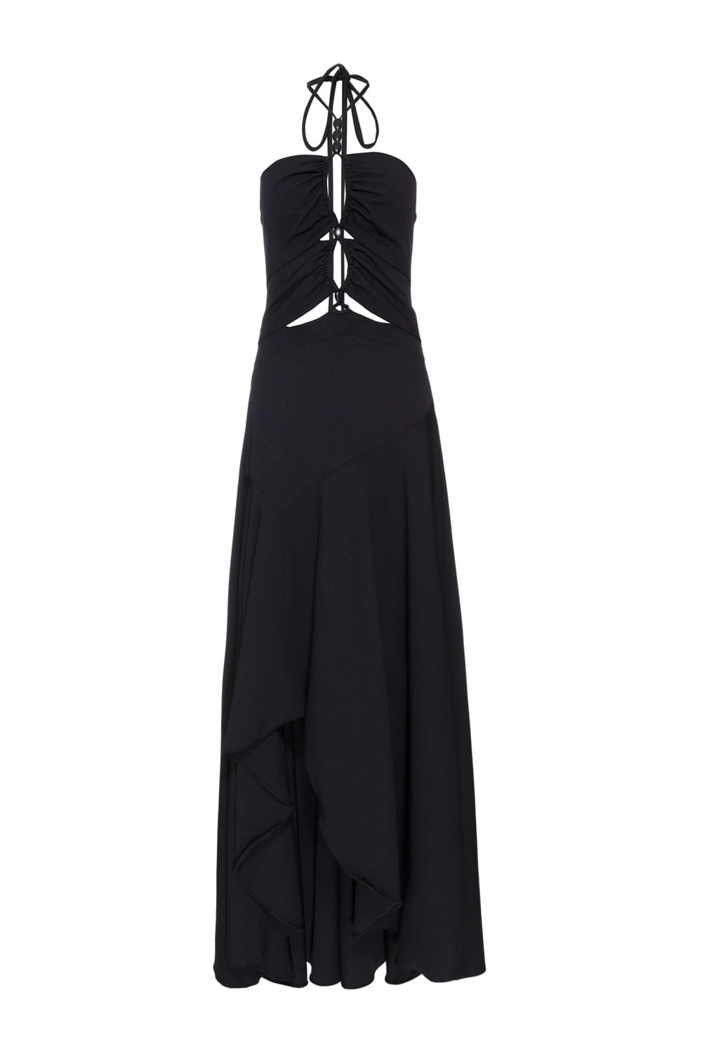 VESTIDO LONGO ASSÍMÉTRICO CREPE DAISY PRETO