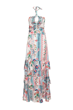 VESTIDO LONGO FRANZIDO FLORAL ANNA OFF WHITE
