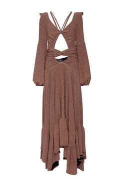 VESTIDO LONGO ASSIMÉTRICO LUREX BARDOT COBRE