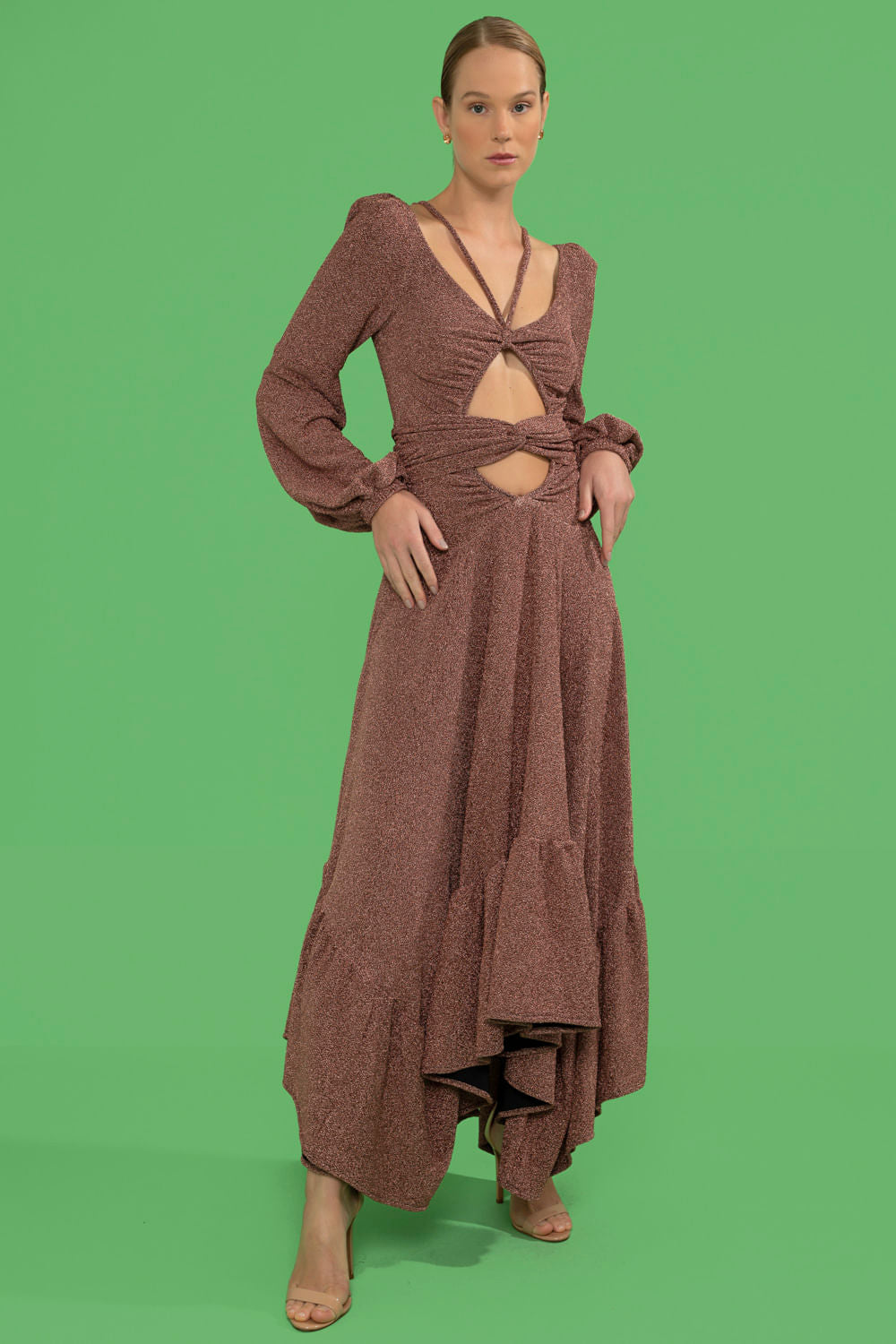 VESTIDO LONGO ASSIMÉTRICO LUREX BARDOT COBRE