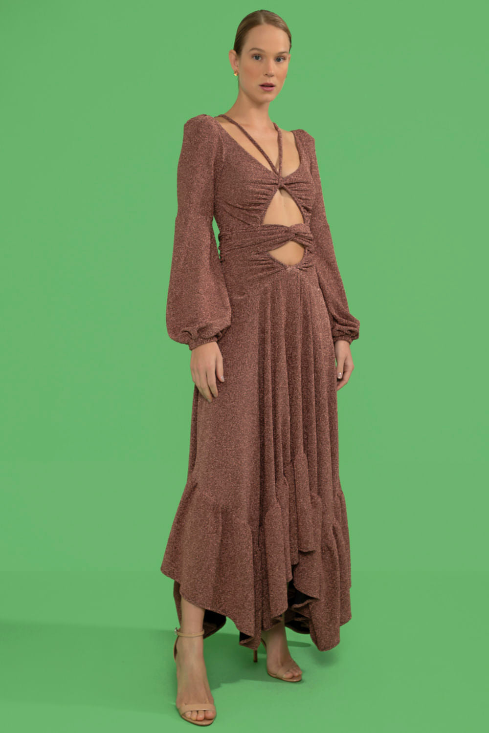 VESTIDO LONGO ASSIMÉTRICO LUREX BARDOT COBRE
